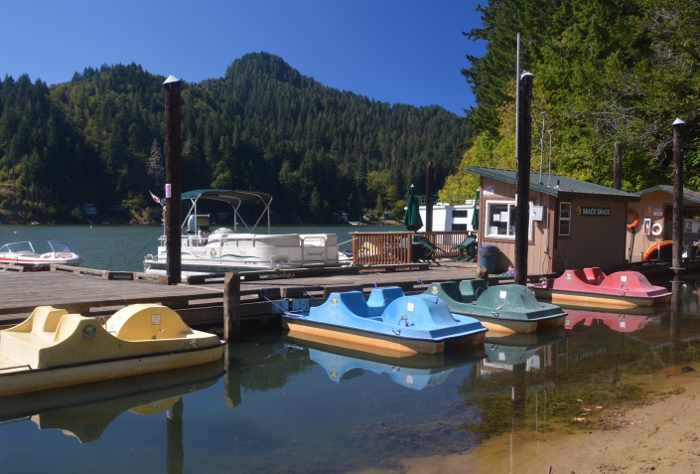 paddle boats tied at dock